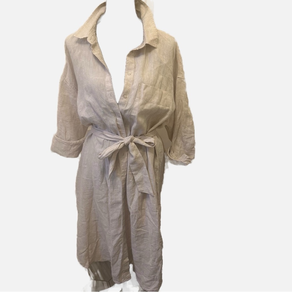 C&A Cream Linen Shirt Dress with Belt Coastal Resort Lagenlook Summer Classy